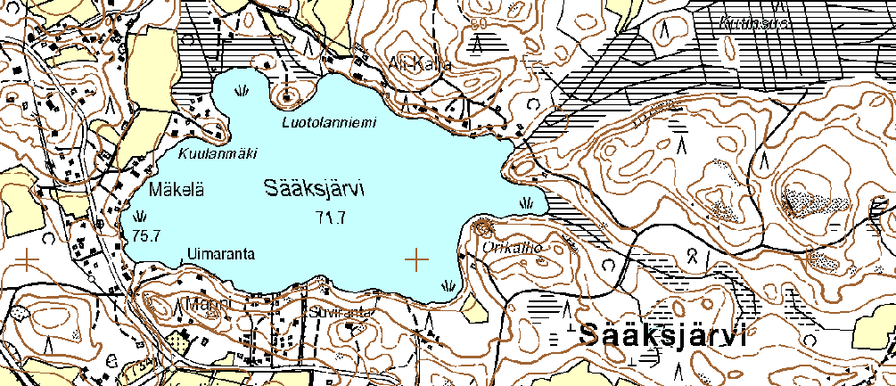 106 Kuva 7. Sääksjärven valuma-alueella sijaitsevat pellot ja järveen johtavat ojat. Valumaalue on merkitty sinisellä viivalla, mustan viivan sisälle jäävä vihreä alue kuuluu Naturaan.