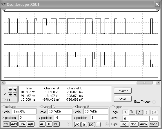 39 Kuva 5.11 Venttiilien ohjaus pulssit simuloituna multisim ohjelmalla. Yleensä on siis tarpeen kytkeä ohjauspiirien ja tehokomponenttien välille erotuspiirejä.