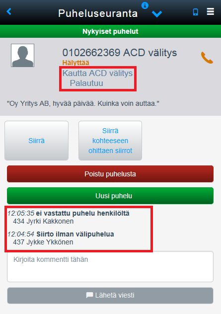 Elisa Oyj Elisa Ring 45 (61) 6.5.2 Puhelun reitityshistoria Sen lisäksi että Ring palvelu näyttää tiedon siitä, että puhelu palautuu, välittäjälisenssin omaava henkilö näkee puhelun reitityshistorian.