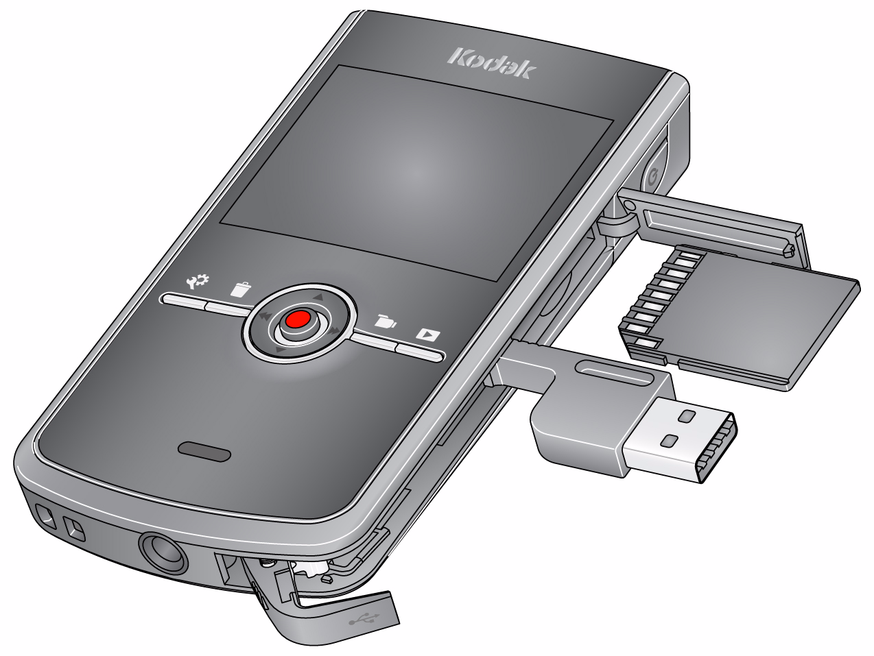 SUOMI Näkymä takaa Virtapainike/ akun latausvalo Katselutila Tallennustila SD- tai SDHC-kor Poista Asetukset Tallennus/OK Kaiutin Hihnan pidike Jalustan kiinnityspaikka USB USB:n