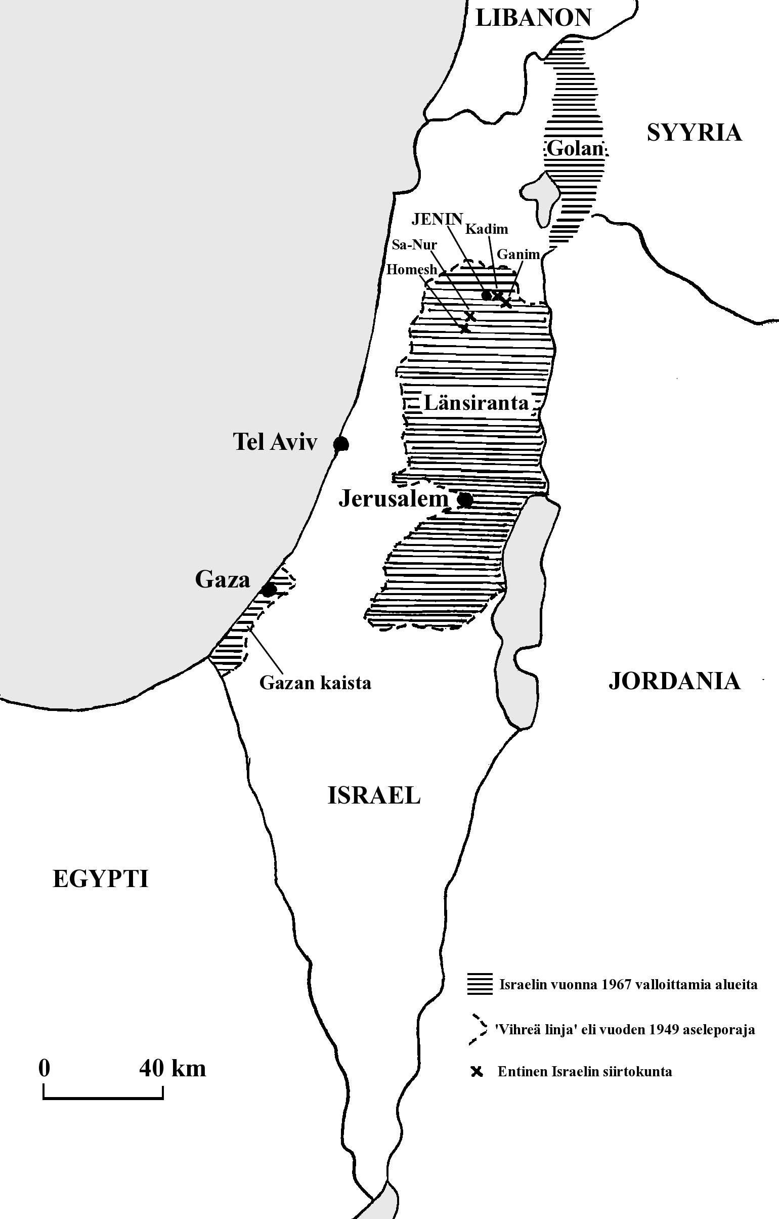 Liite 1: Israelin kartta ja Länsirannalta evakuoidut siirtokunnat.
