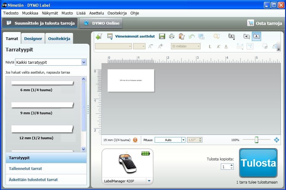 (vain Windows) tai mittayksiköitä Voit lisätä leikepöydälle kopioimasi tekstin Voit luoda uuden tarran Voit muotoilla tarraa kuten missä tahansa tekstinmuokkausohjelmassa Voit käynnistää DYMO Label