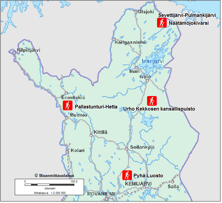 21 Kuvio 4. Tutkimusalueiden sijainnit 4.2.1 Pyhä Luosto Pyhä Luoston kansallispuisto sijoittuu Kemijärven, Pelkosenniemen ja Sodankylän kuntien alueelle.