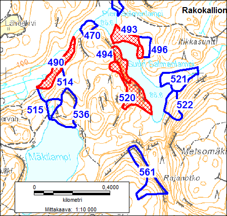 Kuva 16. Sydänmaan (Mäkilammen ja Pieni Salmenlammen välinen puro, Suuri Salmenlampi sekä Rajavuori) inventoidut kuviot (siniset rajaukset ja numerot).