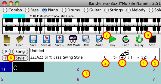 Sekavan käyttöikkunan pääkohtia eli ohjelman peruskäyttö 1. Suurin alue on sointualue (Chord Sheet) jonne kirjoitetaan teoksen soinnut 2.