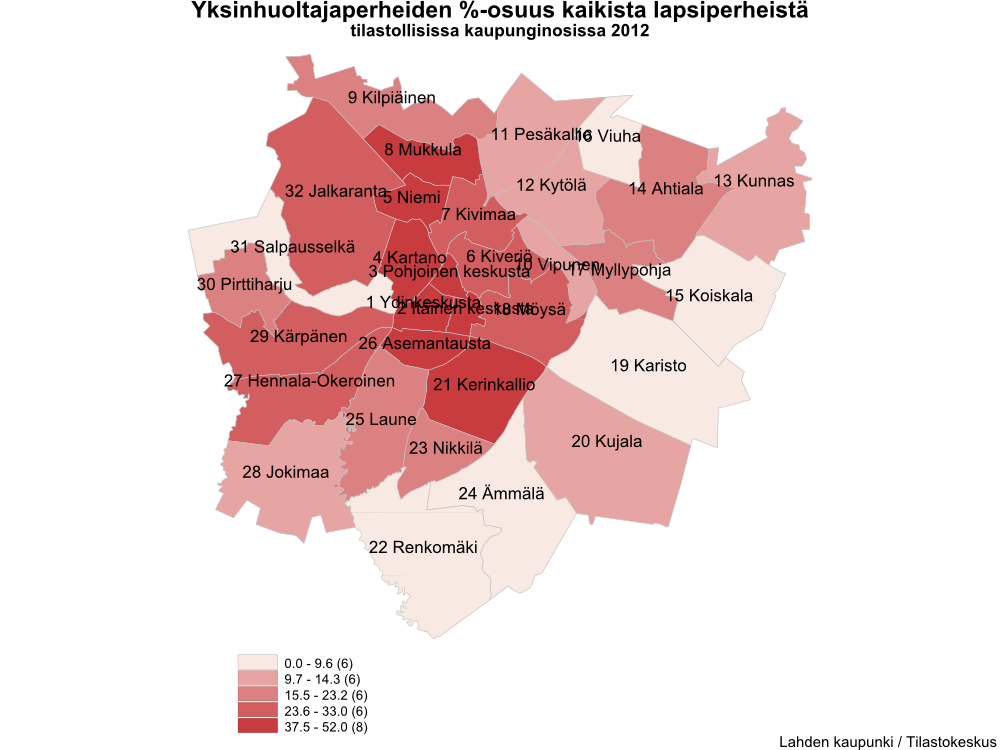 Keskimäärin lapsiperheiden (vähintään yksi alle 18-vuotias lapsi) osuus kaikista perheistä on Lahdessa noin 47.