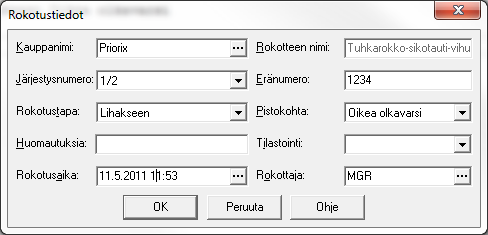 Rokotus dialogi 2012 Rokotus kirjataan kertomukseen dialogissa. Samalla kirjaantuu merkintä ydintietoihin. Käyttäjä valitsee dialogissa rokotteen kauppanimellä.