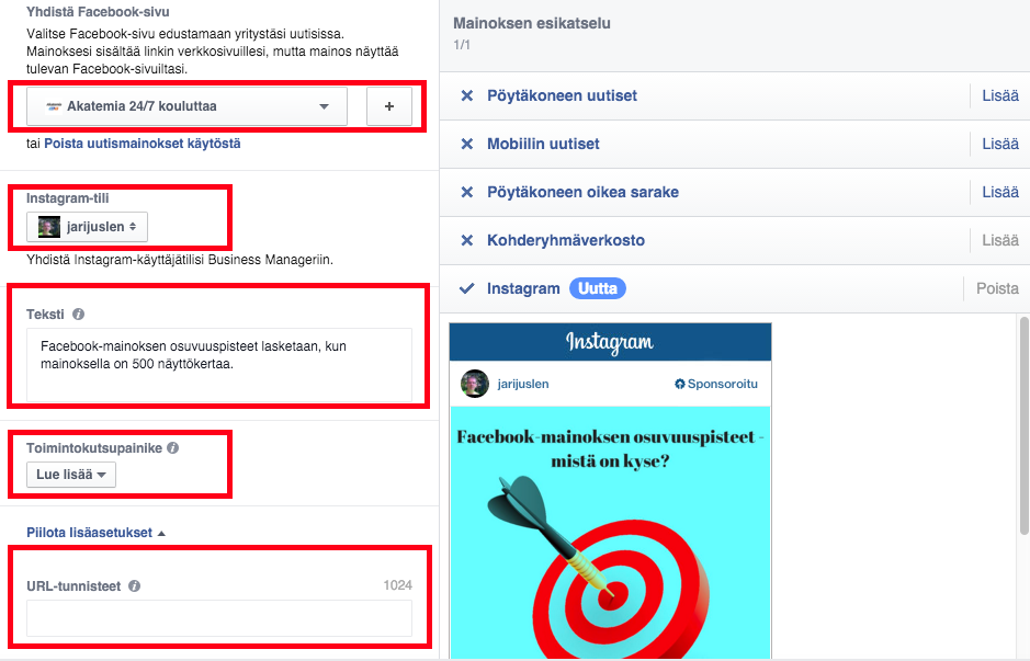 Voit ladata kerrallaan jopa kuusi eri kuvaa, jolloin Facebookin järjestelmä luo automaattisesti kuusi versiota mainoksestasi. Tämä on vaivaton tapa testata erilaisten kuvien toimivuutta.