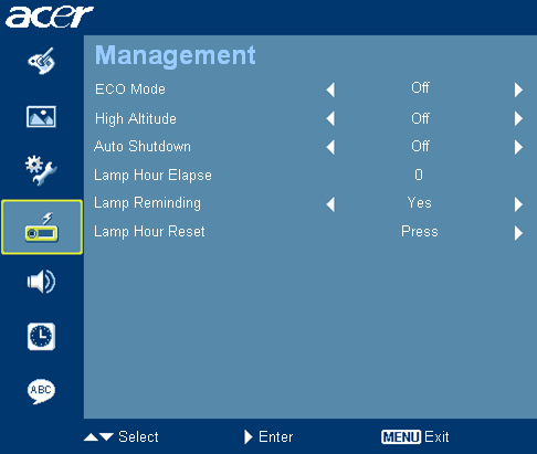24 Management (Hallinta) ECO Mode (Virransäästötila) High Altitude (Korkea paikka) Auto Shutdown (Minutes) (Automaattinen katkaisu (Minuuttia)) Lamp Hour Elapse (Kuluneet lampputunnit) Lamp Reminding