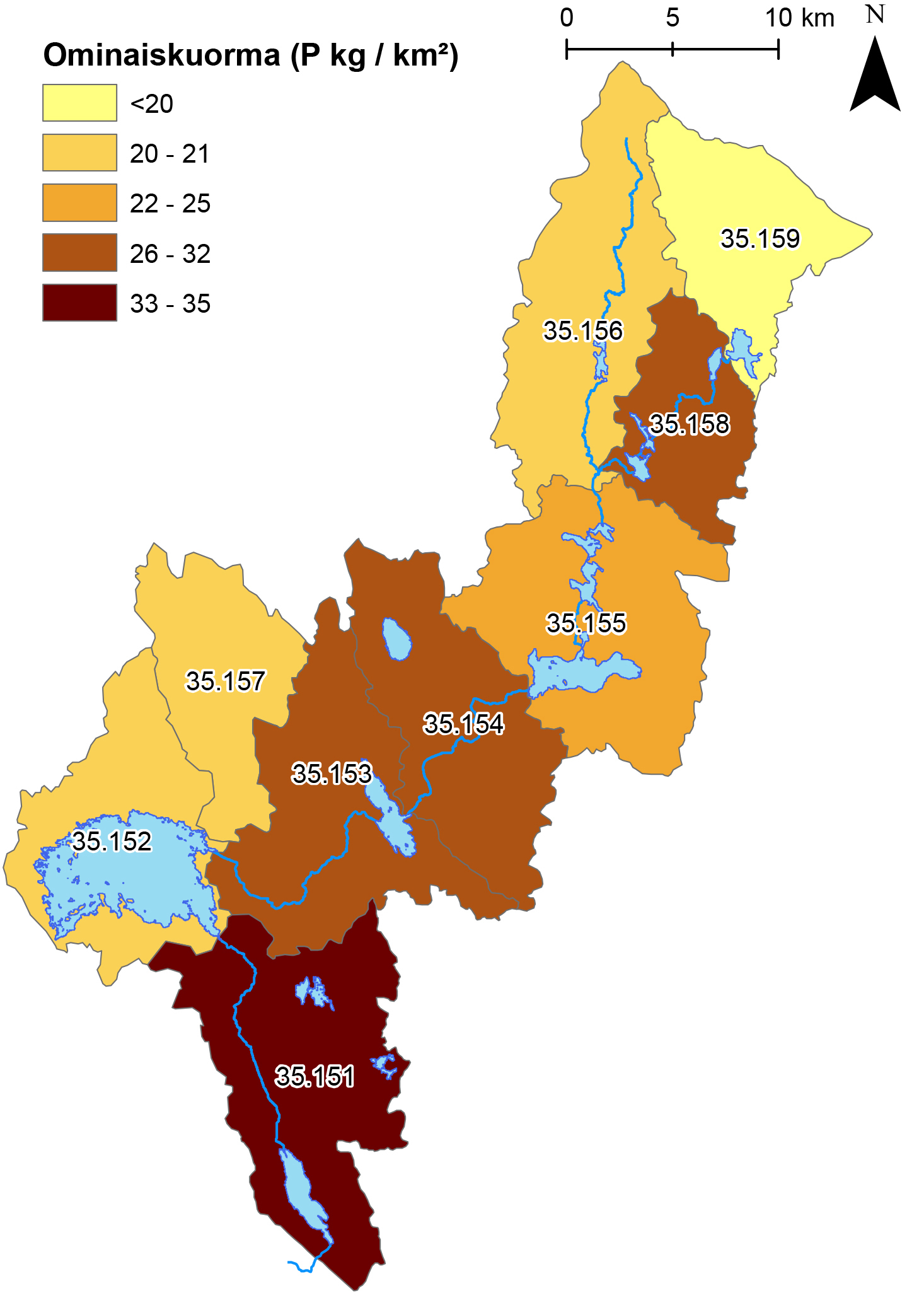 Ominaiskuormitus (P kg / km²) Kuva 5. Fosforin ominaiskuormitus Kauvatsan reitin osavaluma-alueilla (P kg/km²). rin osa keskittyy jokien ympärille.