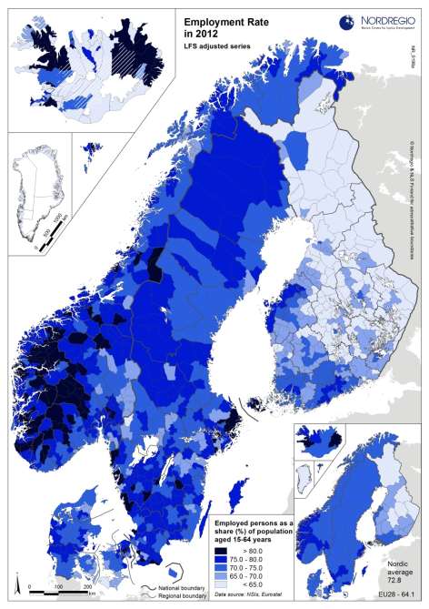 Työllisyys Pohjolan työllisyysaste suhteellisen korkea Vuoden 2012 työllisysaste Pohjoismaissa vaihteli Suomen 69.4% ja Islannin 79.