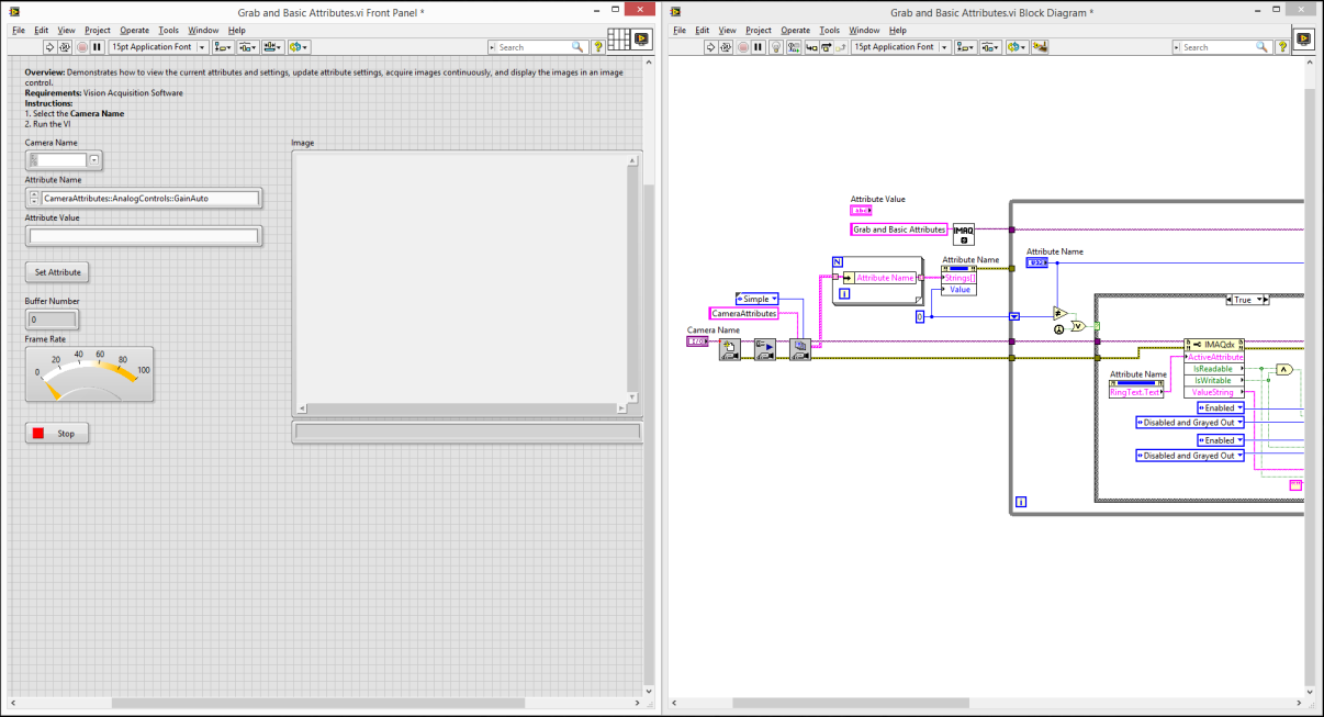 23 Kuva 15. LabVIEW-kehitysympäristö LabVIEW perustuu tietovirtoihin. Kun ohjelman funktiolla on kaikki sen tarvitsemat tiedot, se on valmis suoritettavaksi.