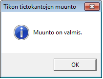 Toukokuu 2012 14 (21) Aditro Tikon Worker -palvelu pitää pysäyttää muunnon ajaksi. Palvelu voidaan pysäyttää Windowsin Ohjauspaneelin -> Järjestelmätyökalut -> Palvelut -kuvakkeen kautta.