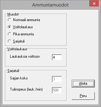 13. Erikoisasetuksia Ohjelmistossa on eräitä normaalitoiminnasta poikkeavia ammuntamuotoja. Ne käynnistetään Ammunta > Muodot -valikosta (kuva 13.1).