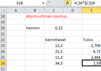 Soluosoitteen kiinnittäminen kaavassa (3) Kaavaan voidaan hakea arvo myös aina samasta