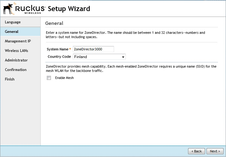 37 KUVA 6. Ruckus Setup Wizardin Yleistä-osio. Management IP-osiossa (Kuva 7) määritetään kontrollerille IP-asetukset.