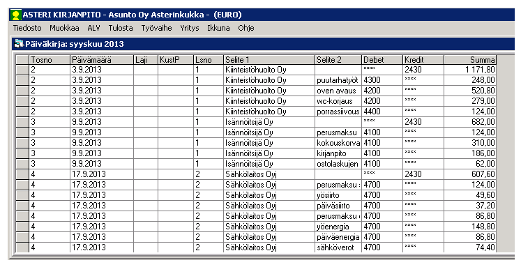 Voit muokata kunkin ostolaskun tiliöinnin. Esimerkiksi oven avaus ja wc-korjaus saattavat kuulua tilille 4200 käyttö- ja huoltokulut, kun taas porrassiivous sopii tilille 4400 siivouskulut.