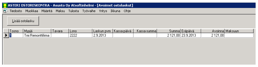 ESIMERKKI Asteri Ostoreskontralla voit hoitaa niin monen yrityksen ostolaskuja kuin on tarpeen: Aluksi Asunto Oy Asterinkukalla on avoinna vain yksi