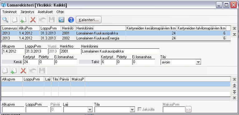 viimeisen lasketun palkkajakson kumulatiivisiin tietoihin. Kertyneet lomapäivät viedään lisäksi Lomat Lomarekisteri ohjelmaan.