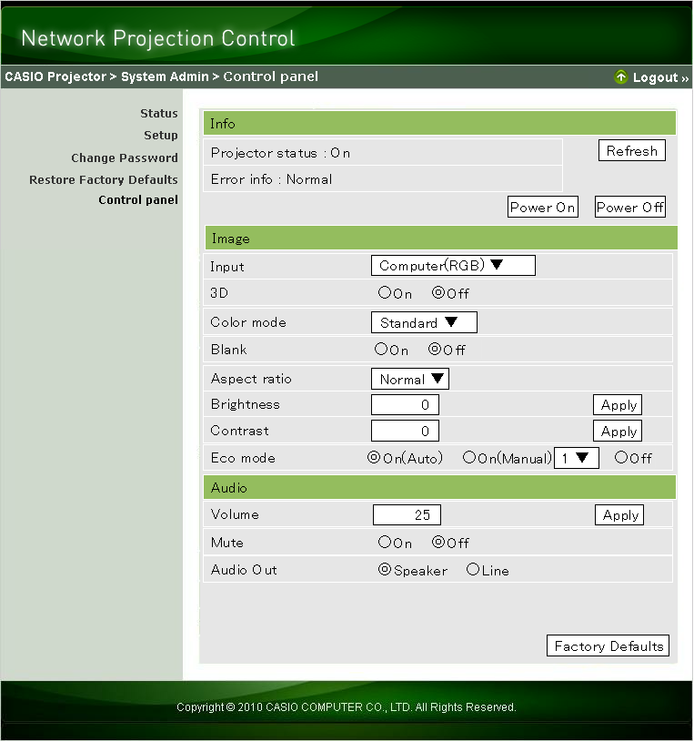 Projektorin Network Projection Control -ohjaus 1.