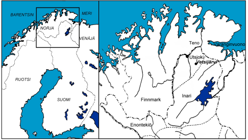 Kuva 1. Vetsijärven sijainti. kuitenkin 17 esinettä ja 26 iskosta, jotka oli tehty Norjan Ruijan rannikon mesoliittisilla ( Komsa- ) asuinpaikoilla esiintyvästä raakaaineesta.