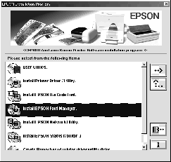 EPSON Font Manager (vain Windows) EPSON Font Manager sisältää 11 ohjelmistofonttia. EPSON Font Managerin asentaminen Asenna EPSON Font Manager seuraavien ohjeiden mukaan. 1. Varmista, että tulostin on sammutettu ja että tietokoneen käyttöjärjestelmä on Windows.