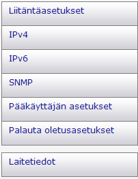 Web Image Monitorin käyttäminen 1. Liitäntäasetukset Liitäntäasetukset näytetään. 2. IPv4 IPv4-asetukset näytetään. 3. IPv6 IPv6-asetukset näytetään. 4.