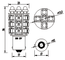 BA15S (1156) KANTA. OSANUMERO: T20-1156-10HP-36SX-D24 KANTA BA15S. Käyttöjännite 24 Vdc. Sähköteho 2,54 W Valkoinen 110,4 lm (yksittäisen LED:in avautumiskulma: n. 110 astetta) punainen 40.