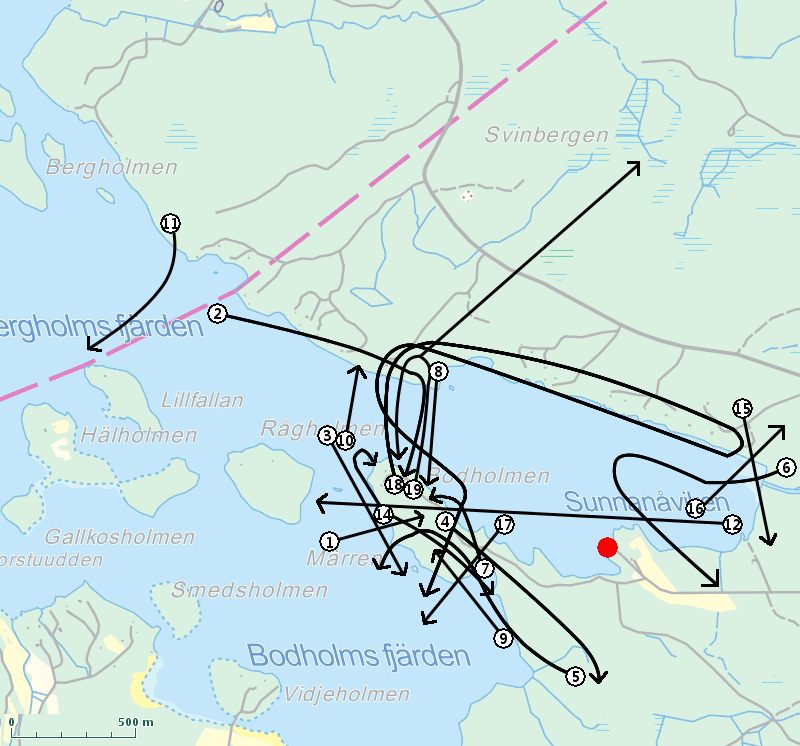 Liite 2. Lentohavainnot 25.2.2015 1. 9:01 subad laskeutui puuhun Bodholmenissa 2. 9:34 subad tuli Hagan puolelta ja laskeutui puuhun Bodholmenissa 3. 9:53 subad lensi kaakkoon Bodholmenin takana 4.