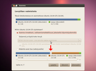 LIITE 3 3 (5) Ubuntun asennusohjeet Levytilan valmistelu. Valitaan kovalevystä osio Ubuntun käyttöön.