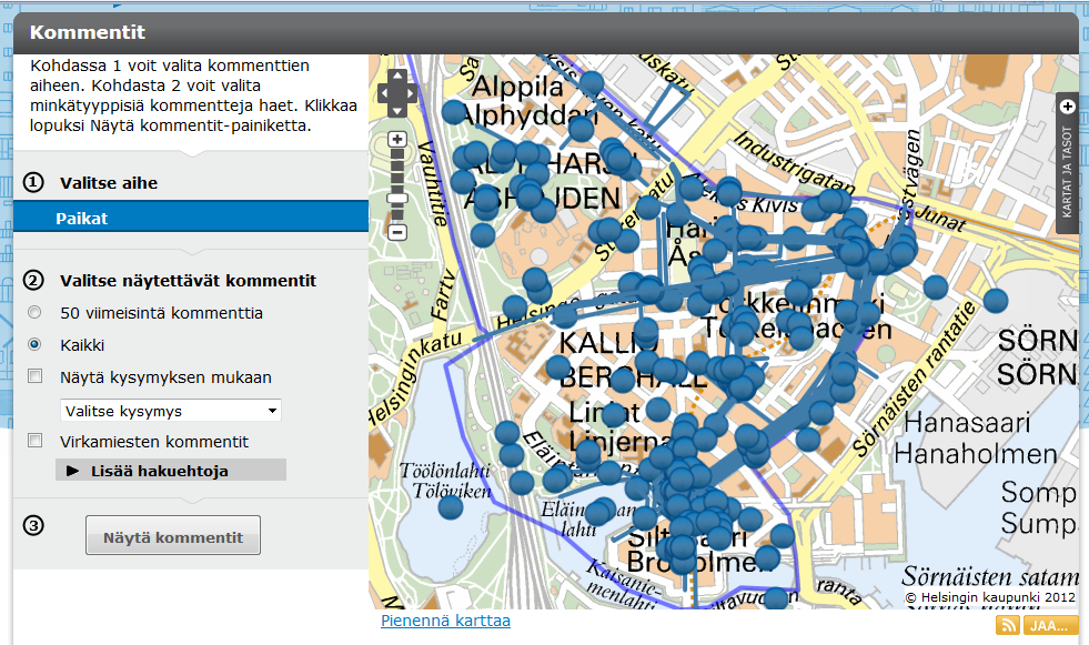 Kuva 14. Kallio - Alppiharjun alueella karttakommentit (n=445) keskittyivät Hakaniemen ja Sörnäisten metroasemien lähiympäristöihin.