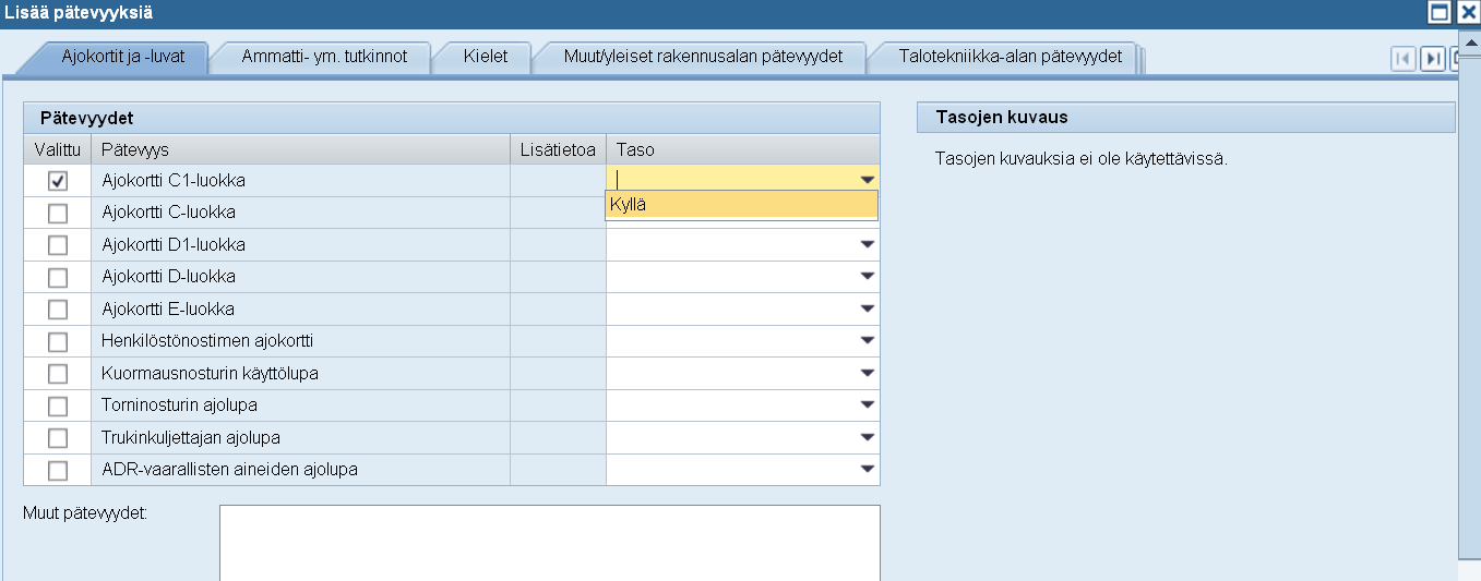 3.4 Pätevyystietojen lisääminen Pätevyyksiä pääset täydentämään Lisää painikkeesta. Pätevyyden lisääminen tapahtuu laittamalla ruksi Valittu -kohtaan sen pätevyyden kohdalle, joka sinulla on.