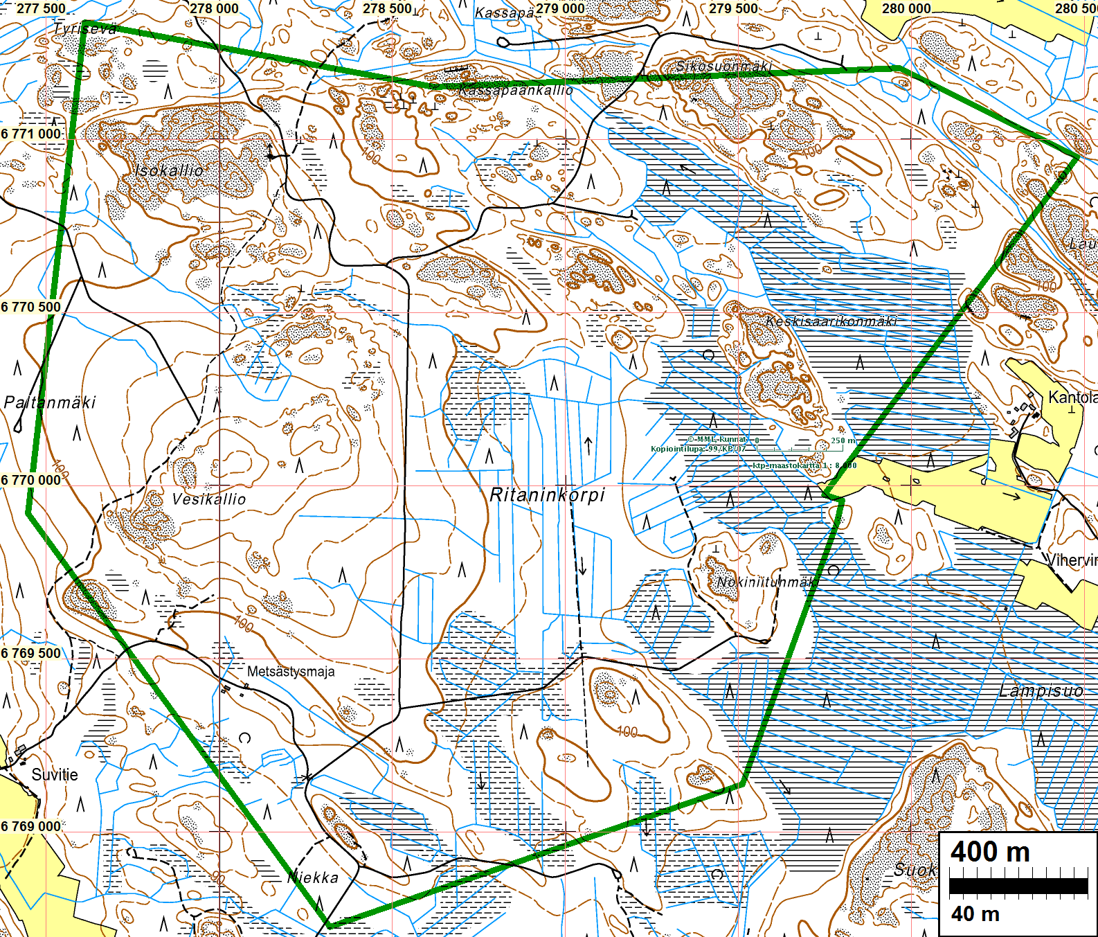3 Yleiskartta Inventointialueen rajaus on vihreällä. Inventointi Loimaan Alastaroon on vireillä tuulivoimapuistohanke.