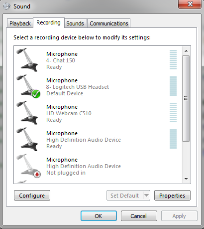 4 b) Recording-välilehti: Valitse Headset-mikrofoni (esim.