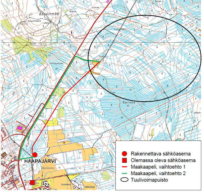 FCG SUUNNITTELU JA TEKNIIKKA OY KAAVASELOSTUS 17 (41) Kuva 8. Tuulivoimapuiston kaapelireittivaihtoehdot ja rakennettava sähköasema.