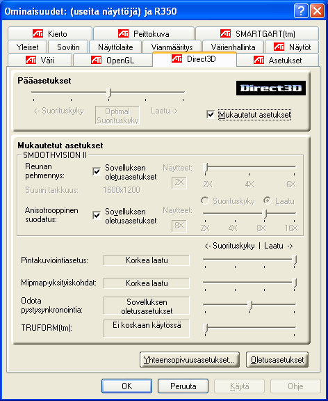 Direct 3D -ohjauspaneeli 18 Tämän välilehden avulla hienosäädetään Direct 3D - sovelluksien asetuksia.