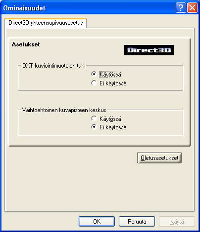 21 Direct 3D -yhteensopivuusasetukset DXT-kuviointimuotojen tuki Vaihtoehtoinen kuvapisteen keskus Oletuksetpainike Asetus voi poistaa ongelmat tietyissä Direct 3D - peleissä, jotka näyttävät pysty-