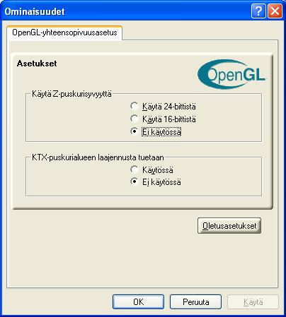 25 OpenGL-yhteensopivuusasetukset Käytä Z- puskurisyvyyttä KTXpuskurialueen laajennusta tuetaan Oletuksetpainike Asetuksella määrätään Z-puskurisyvyys.