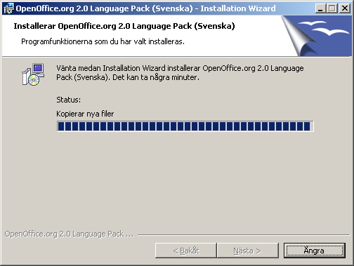 - 26 - Avautuu näyttö Installerar OpenOffice.org 2.0 Language Pack (Svenska).