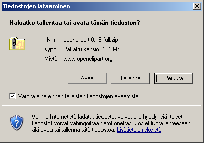 - 64 - ZIP-tiedoston lataaminen on alkamassa. Valitse Tallenna. Valitse ZIP-tiedoston tallennuspaikka. Esimerkissä tiedosto tallennetaan oletusarvona Windows-työpöydälle nimellä openclipart-0.