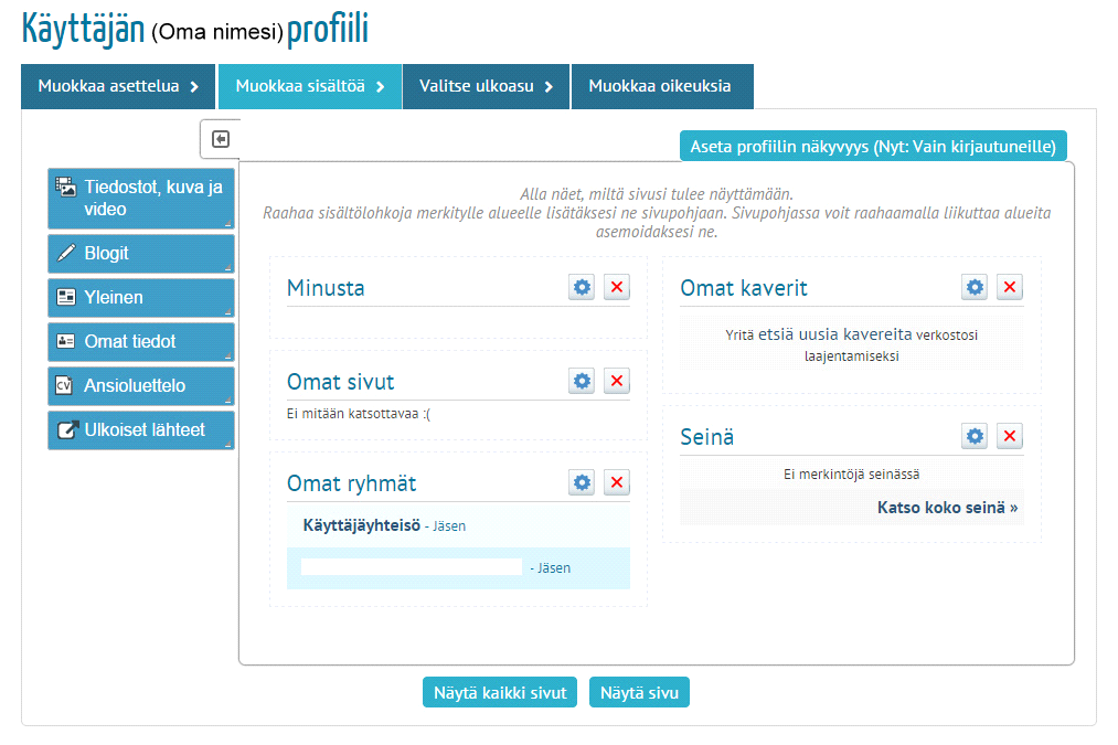 7 4. Oman profiilin ja omien tietojen täydentäminen Kaikkia profiilissasi olevia tietolaatikoita voi muokata, siirrellä ja piilottaa.