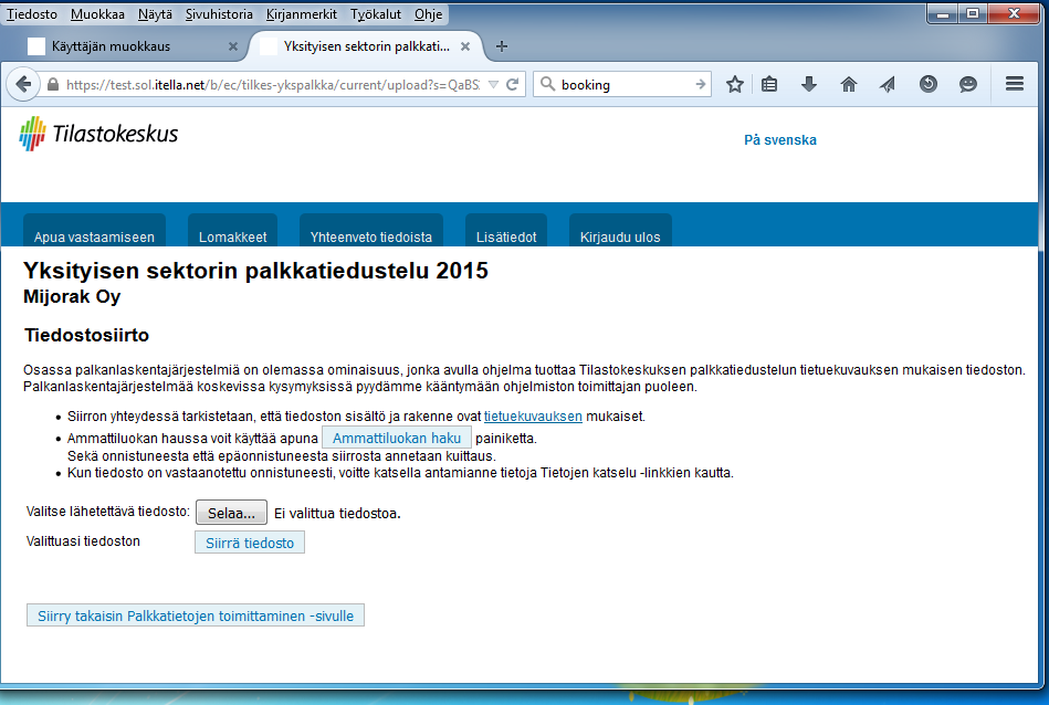 4(7) 1.4. CSV-tiedoston siirto sähköiseen tiedonantopalveluun Tietojen toimittamiseksi Tilastokeskukseen kirjaudutaan yksityisen sektorin palkkatiedustelun sähköiseen tiedonantopalveluun.