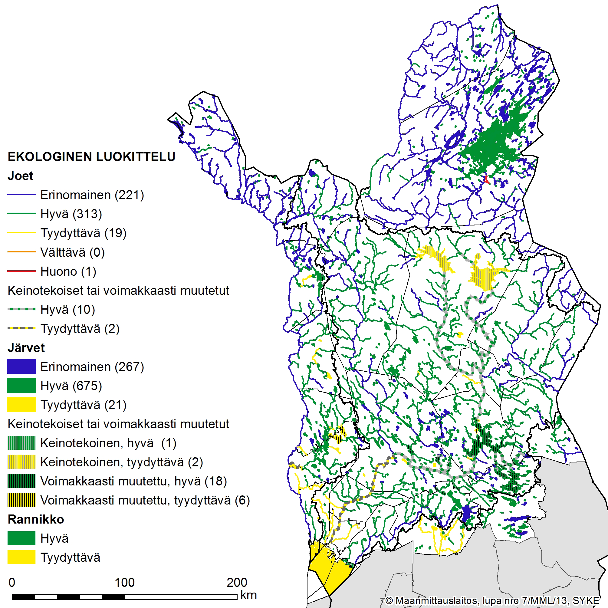 Pintavesien ekologinen tila Lapissa 213 Lähde: