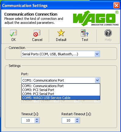 Lähiverkon asetukset Käynnistä WAGO Ethernet Settings. Seuraa seuraavia ohjeita: Valitse käytettävä COM-portti USB-yhteydelle.