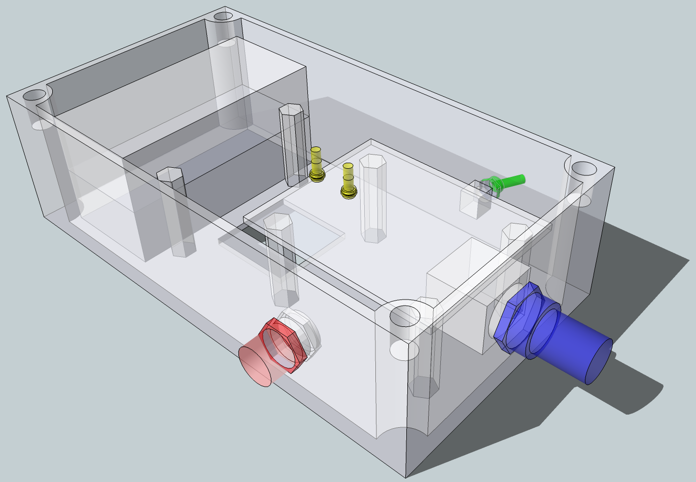 25 Kuva 4.1 Kotelosuunnitelman 3D-malli Kuvassa 4.1 esitetyssä 3D-mallissa on rakenteen pääkomponentit kantta ja sensoria lukuun ottamatta.