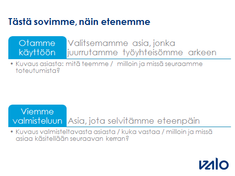 Tästä sovimme, näin etenemme Lopuksi valitkaa tunnistamistanne asioista yksi konkreettinen asia, jonka päätätte ottaa heti käyttöön.