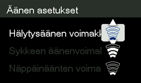 Esimerkki hälytysäänen voimakkuudesta Voit esimerkiksi muuttaa hälytysäänen voimakkuutta näin: 1. Paina OK-painiketta, kun Hälytysäänen voimakkuus -kohta näkyy korostettuna. 2.