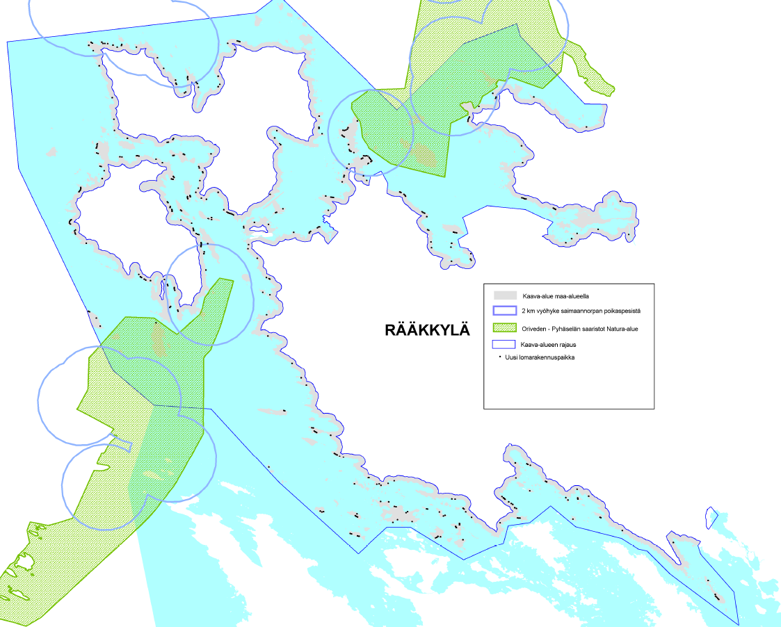 13 6. VAIKUTUSTEN MUODOSTUMINEN 6.1.1 Saimaannorpan pesimäalueiden sijoittuminen Oriveden rantaosayleiskaava-alueella Oheisessa kuvassa on esitetty kartta saimaannorppien pesimäalueiden