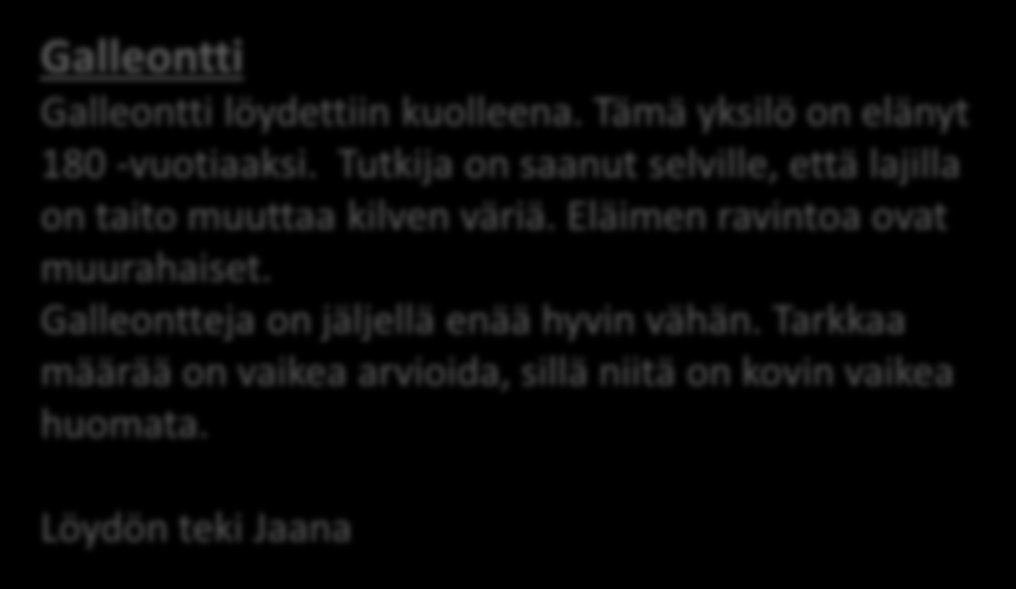Löydön teki Johanna Vielä nimeämätön Tätä Kanadasta löydettyä uutta eläinlajia ei ole vielä nimetty. Tutkijoiden mukaan lajia on olemassa vain muutamia. Eläin syö puita, mutta myös asuu puissa.