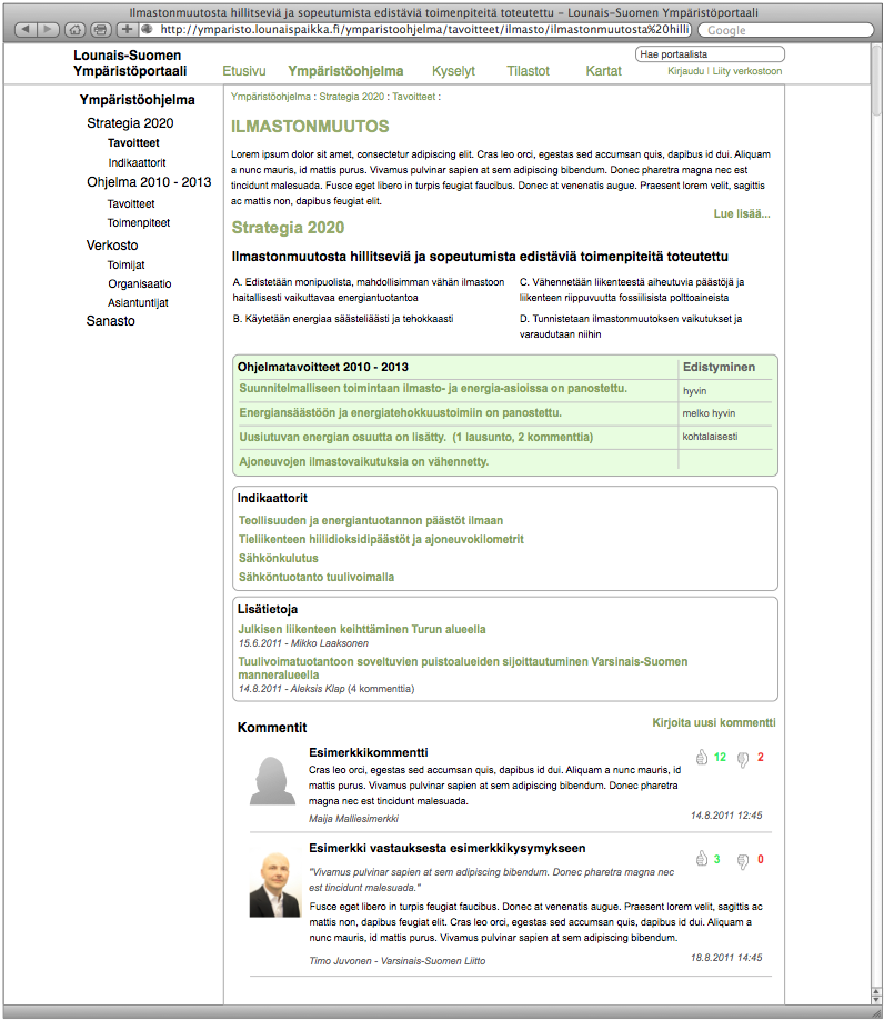 Ympäristöohjelma-osion sisällä strategiset tavoitteet (kuva 4), indikaattorit (kuva 5), ohjelmatavoitteet (kuva 6), toimenpiteet (kuva 7) ja